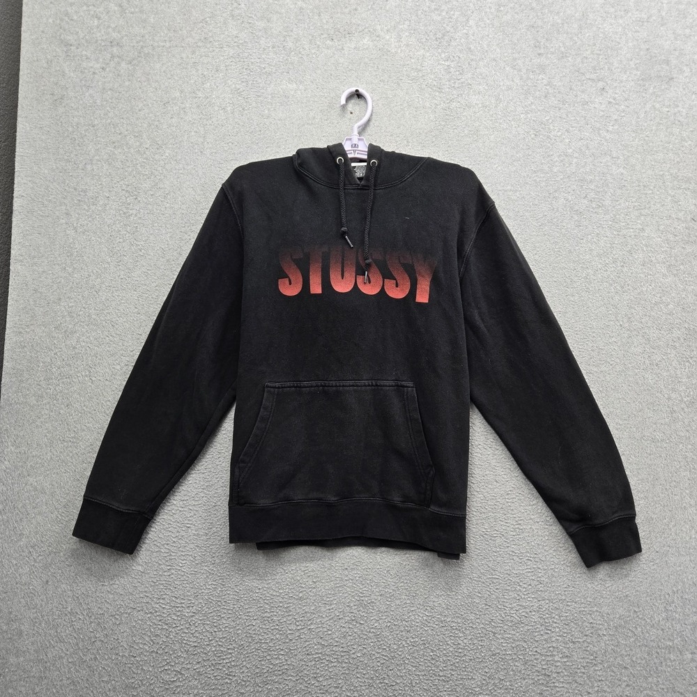 Stussy Men Hoodie M Black Graphic Fleece Logo Spellout Activewear Long Sleeve